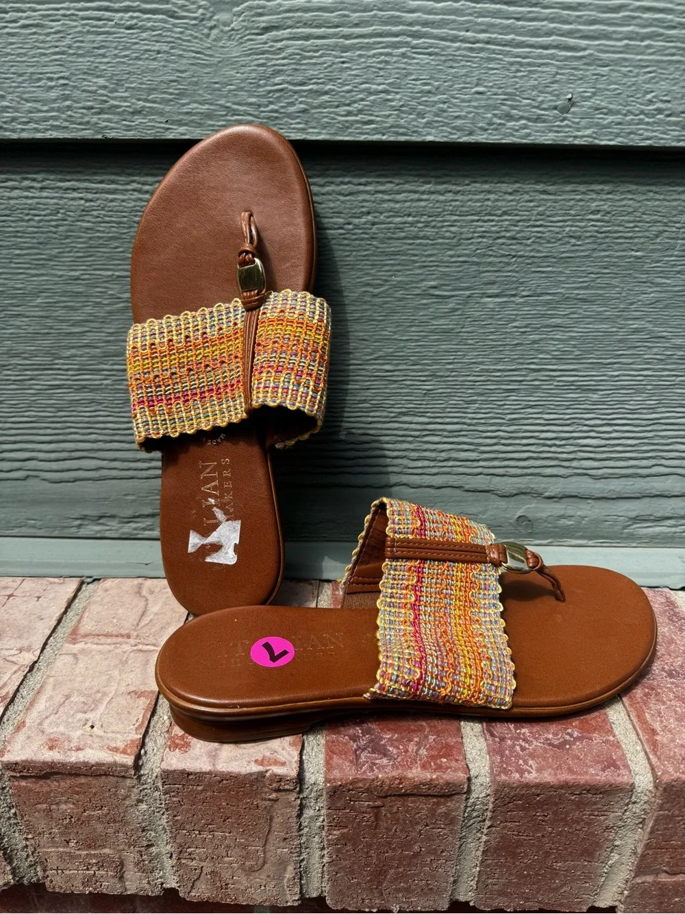 Italian Shoemakers Brown Slide Sandals with Yellow-Multi Woven Strap